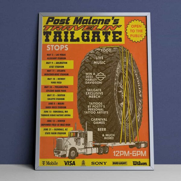 Post Malone's Travelin' Tailgate Tour Stops 2025 New Merchandise Poster Canvas